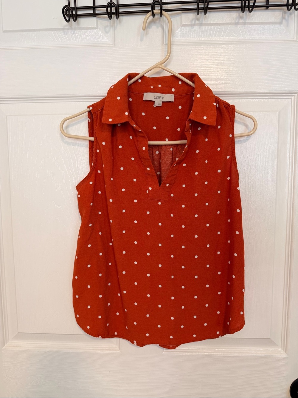 LOFT White Polka Dot Burnt Orange Sleeveless Collared Shell